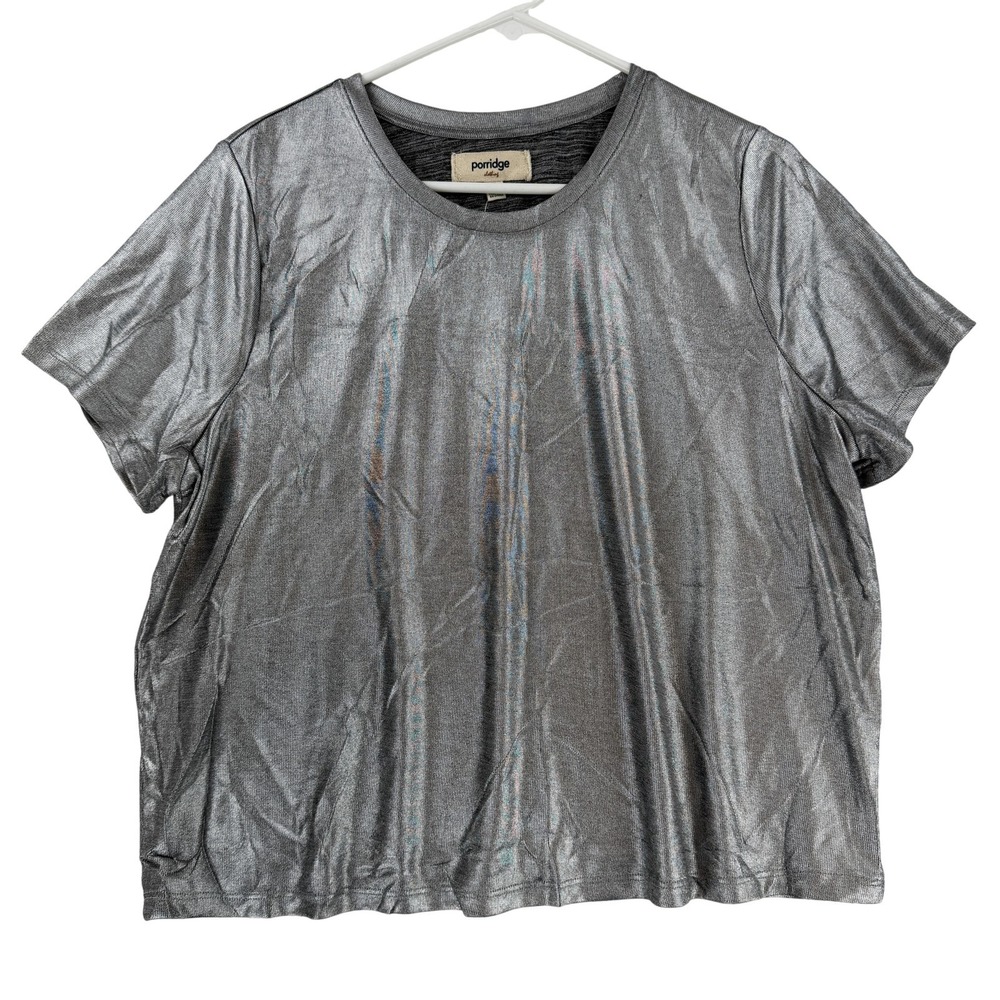 Porridge‎ Anthropologie Shirt Womens XL Silver Metallic Short Sleeve Tee Top NWT